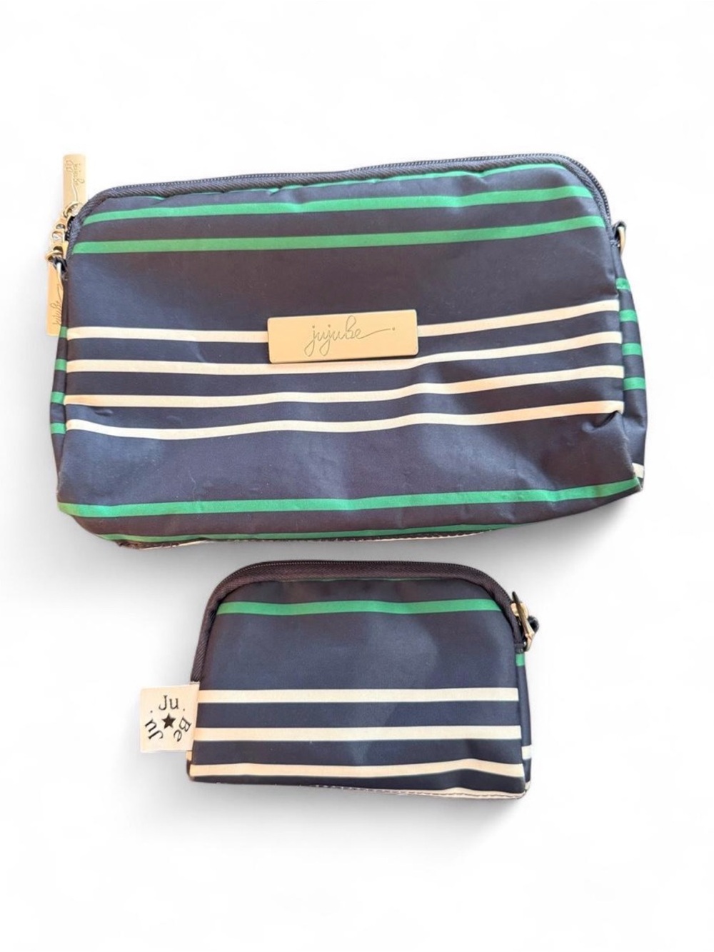 JUJUBE navy, white, and green striped makeup bag set with dachshund pattern.